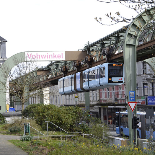 Bild der Schwebebahn, wie sie entlang des Stationsgartens fährt.